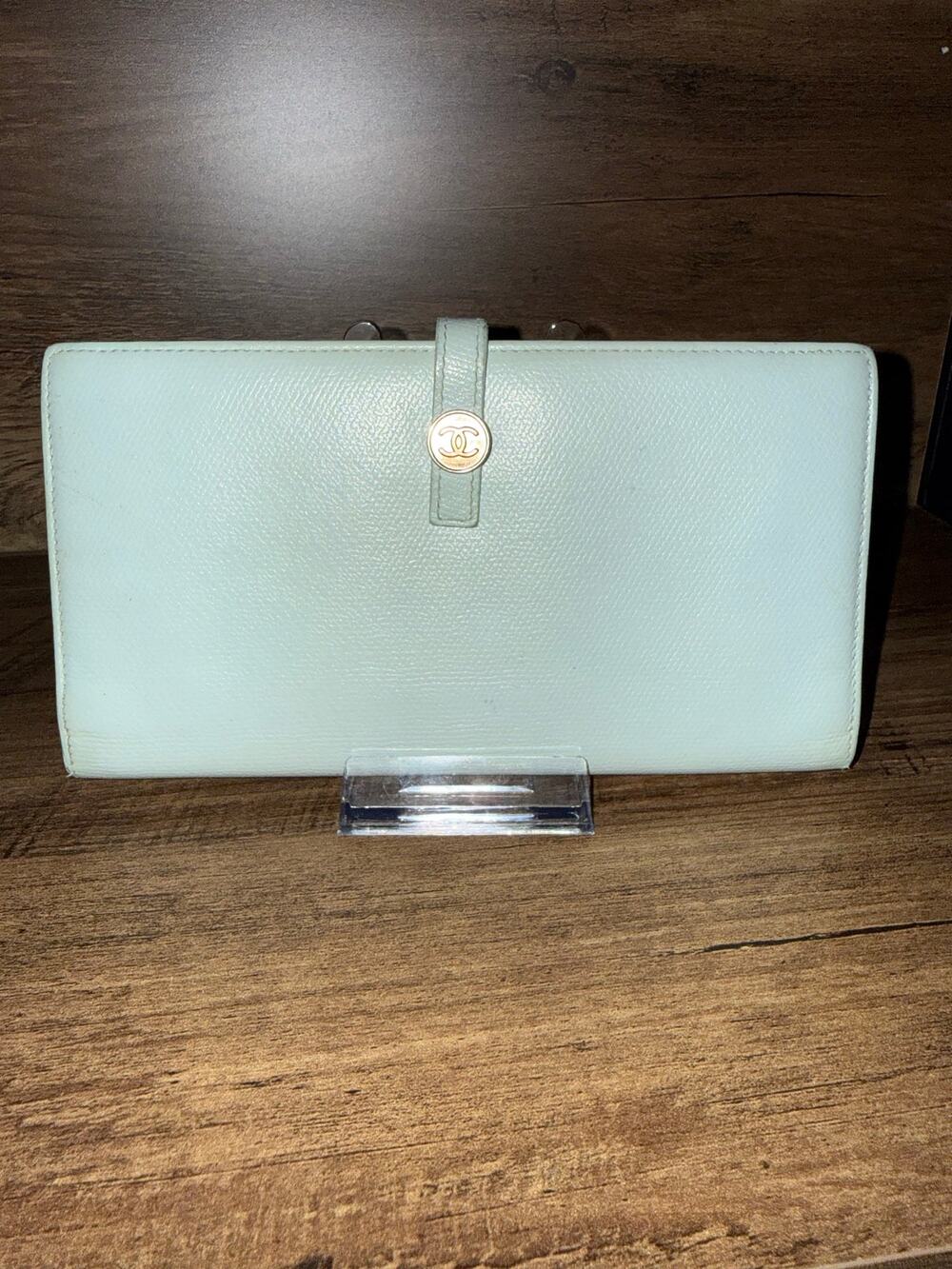 Rare Chanel Coco Button Continental Wallet Pastel Mint Tiffany Blue Caviar